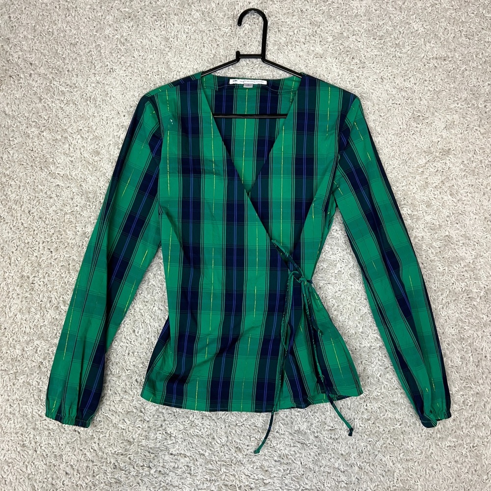 Southern Tide Marlena Wrap Top Womens Small Blue Green Plaid Preppy Career